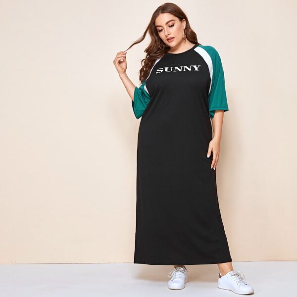 

Plus Letter Graphic Raglan Sleeve Tee Dress, Black