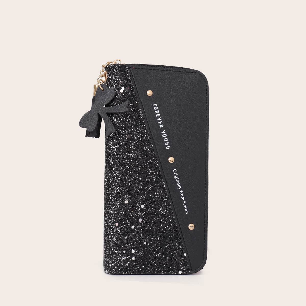 

Letter Graphic Glitter Detail Purse, Black