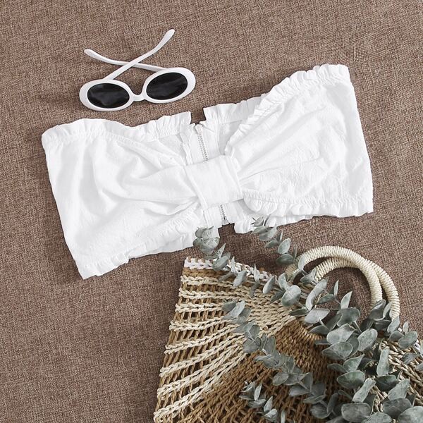 

Zip Back Frill Trim Ruched Bandeau Top, White
