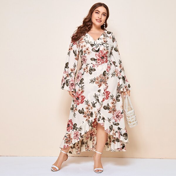 

Plus Bell Sleeve Floral Ruffle Trim Wrap Dress, Beige
