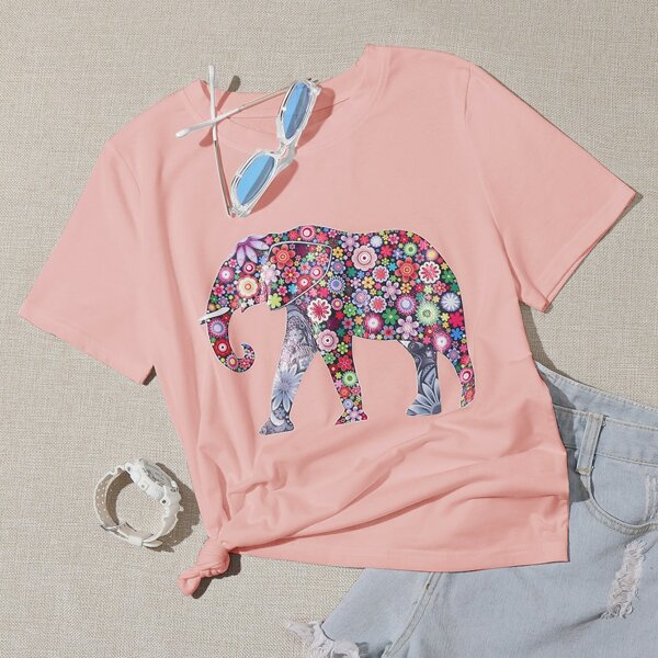 

Ditsy Floral And Elephant Print Tee, Baby pink