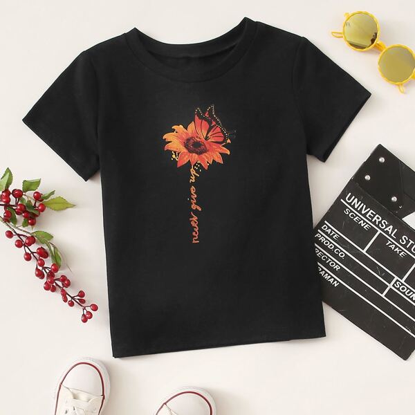 

Toddler Girls Sunflower And Slogan Graphic Tee, Black