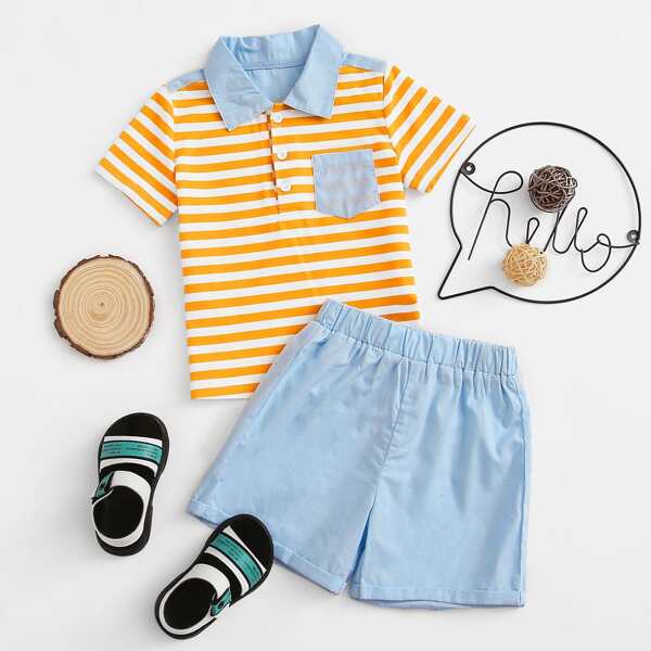 

Toddler Boys Striped Contrast Collar Polo Shirt With Shorts, Multicolor