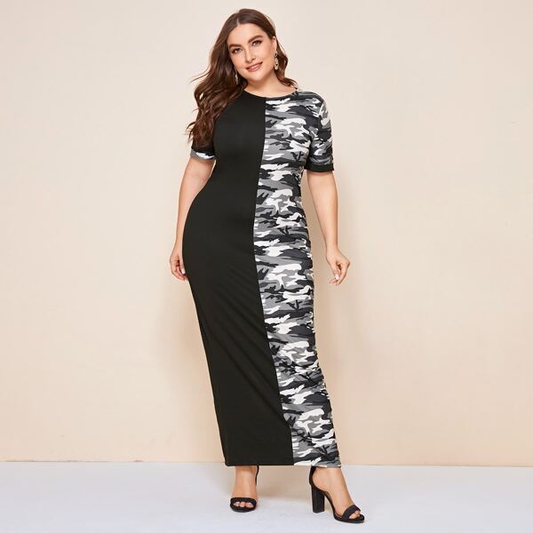 

Plus Camo Panel Split Hem Dress, Multicolor