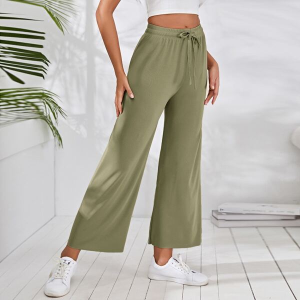 

Drawstring Waist Wide Leg Pants, Army green