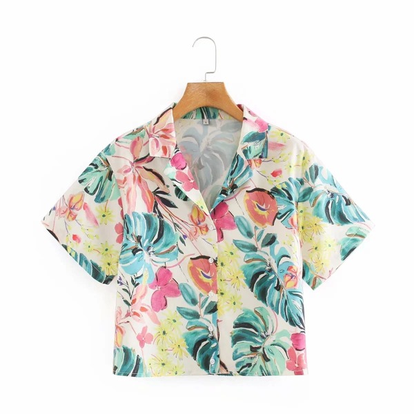 

Button Front Tropical & Floral Blouse, Multicolor
