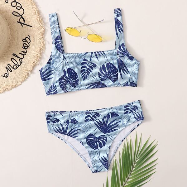 

Tropical & Striped Print Bikini Swimsuit, Blue
