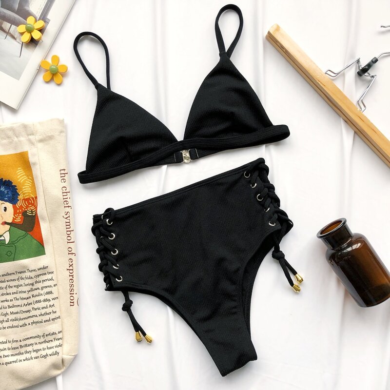 

Rib Triangle Tie Side Bikini Swimsuit, Black