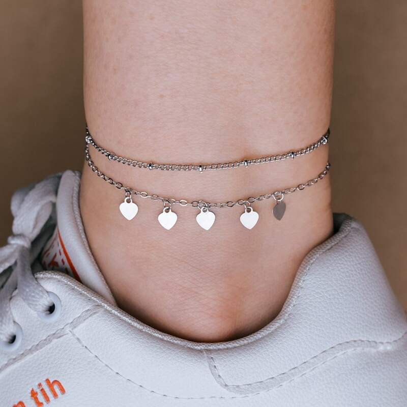 

2pcs Heart Charm Anklet, Silver