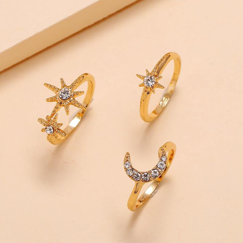 

3pcs Rhinestone Star Moon Ring, Gold