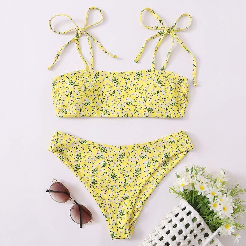 

Ditsy Floral Tie Shoulder Bikini Swimsuit, Yellow