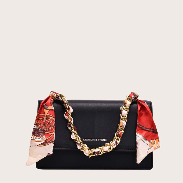 

Twilly Scarf Decor Chain Handle Satchel Bag, Black