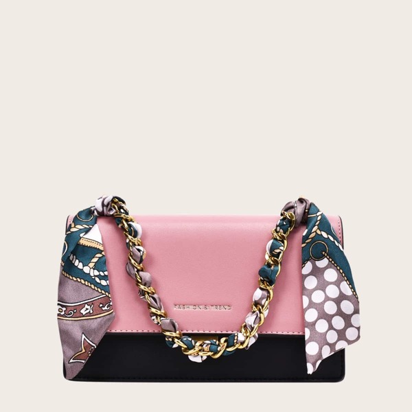 

Twilly Scarf Decor Chain Handle Two Tone Satchel Bag, Pink