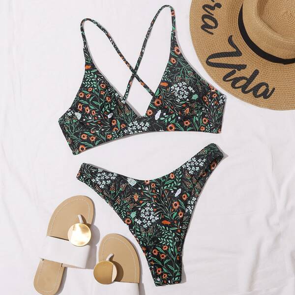 

Floral Criss Cross High Cut Bikini Swimsuit, Multicolor