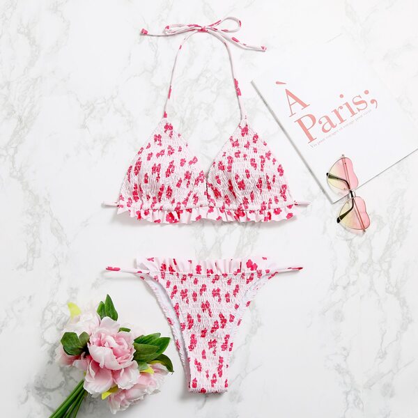 

Ditsy Floral Smocked Triangle Thong Bikini Swimsuit, Pastel baby pink