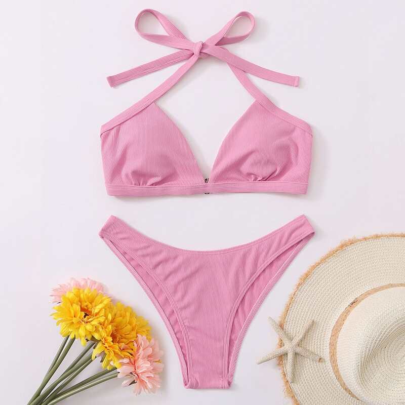 

Rib Halter High Cut Bikini Swimsuit, Pastel baby pink
