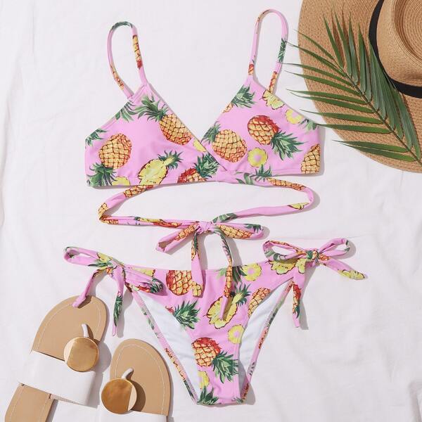 

Pineapple Print Wrap Tie Side Bikini Swimsuit, Multicolor