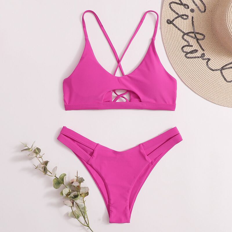 

Cut-out Tie Back High Cut Bikini Swimsuit, Hot pink