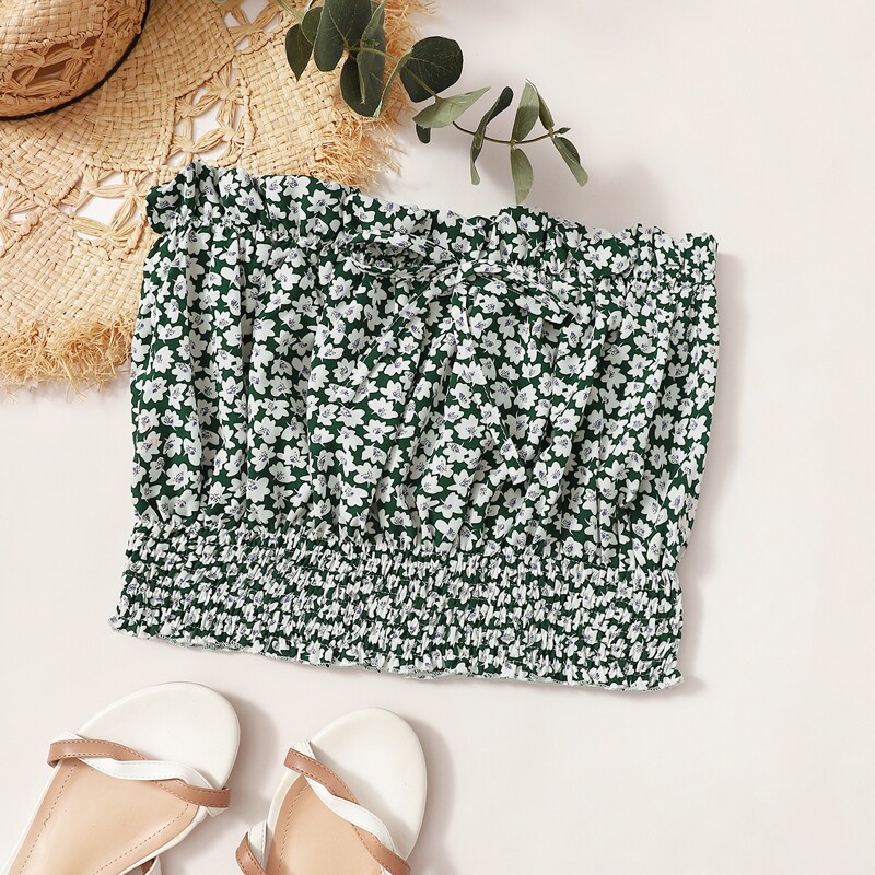 

Ditsy Floral Shirred Bow Detail Tube Top, Green