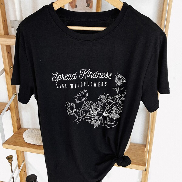 

Floral And Slogan Graphic Tee, Black