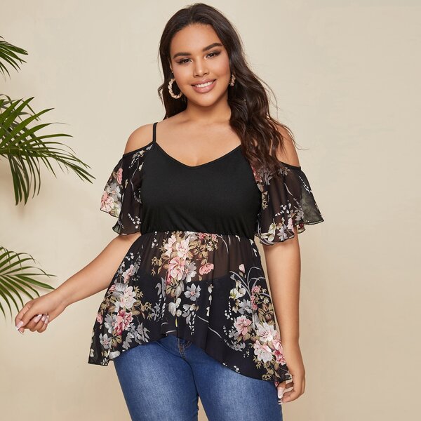 

Plus Cold Shoulder Contrast Floral Mesh Top, Black