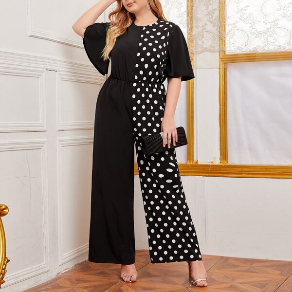 

Plus Butterfly Print Polka Dot Jumpsuit, Black and white
