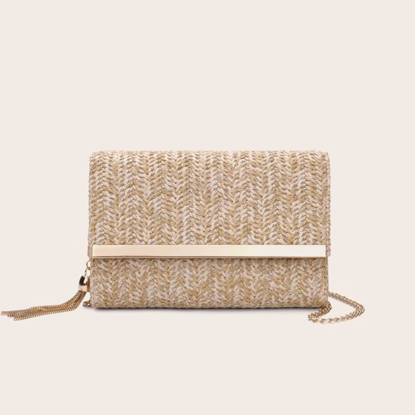 

Metal Tassel Braided Crossbody Bag, Apricot