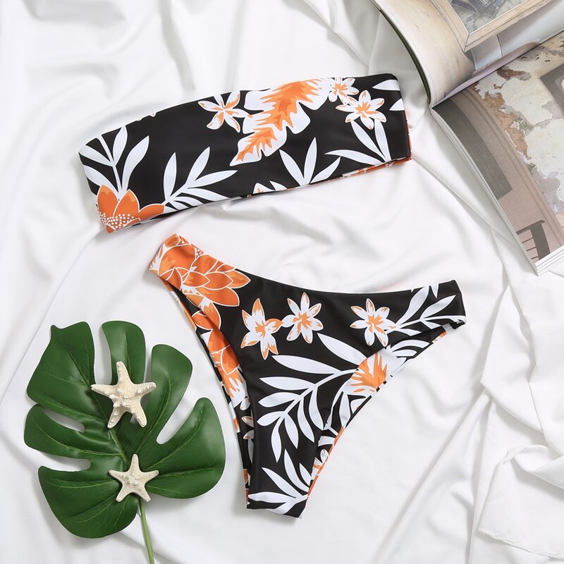 

Floral Print Bandeau Bikini Swimsuit, Multicolor
