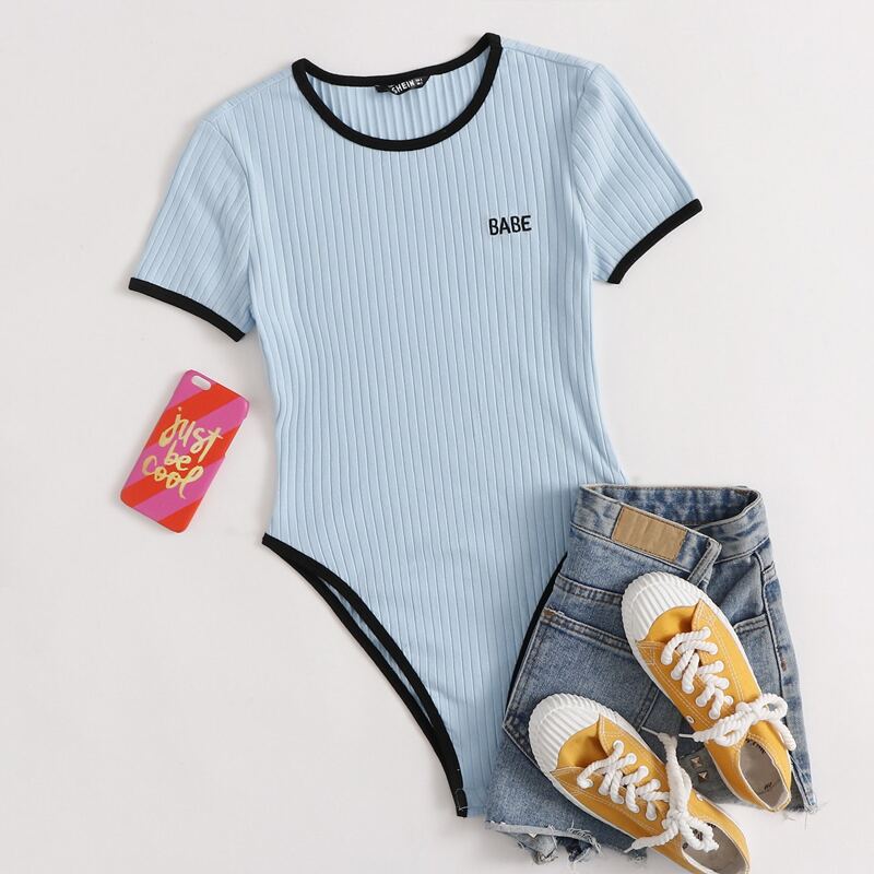 

Letter Embroidered Ringer Bodysuit, Baby blue