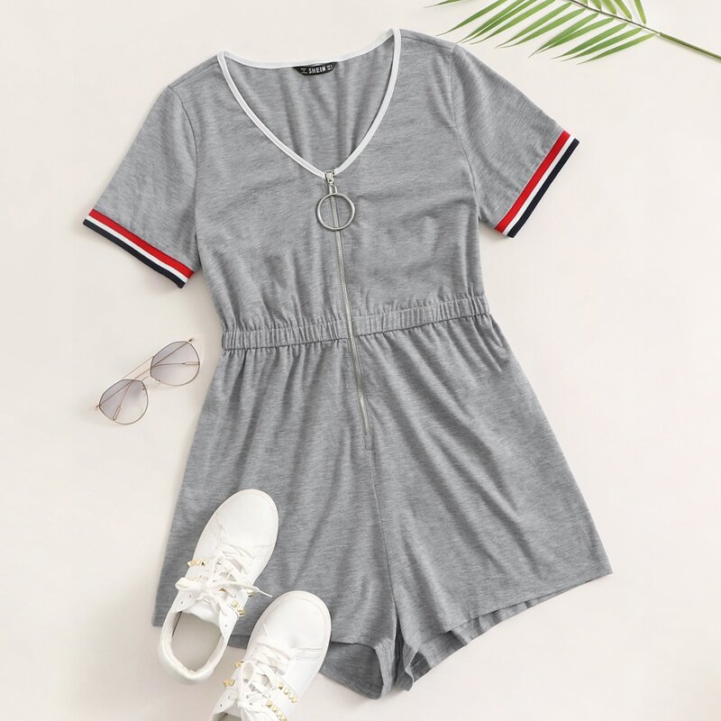 

Zip Up Striped Trim Romper, Light grey