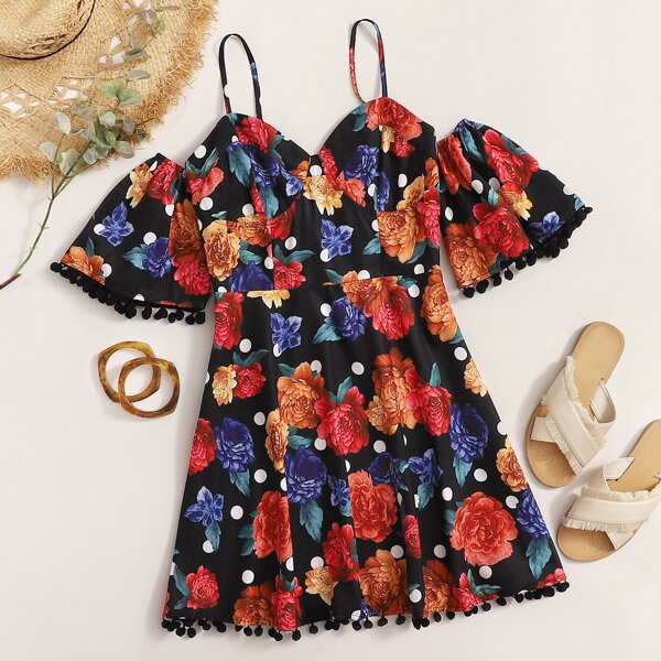 

Cold Shoulder Flounce Sleeve Pompom Trim Floral Print Dress, Multicolor