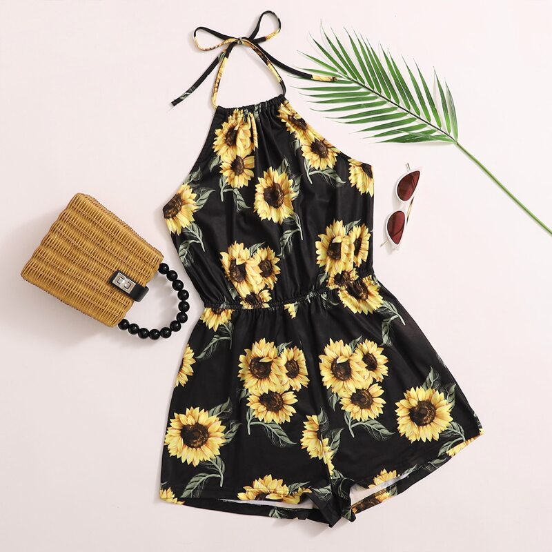 

Sunflower Print Halterneck Romper, Black