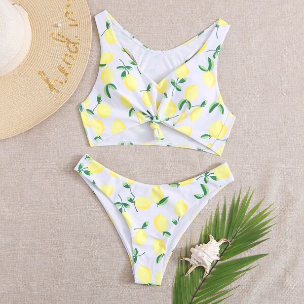 

Lemon Print Knot Hem High Cut Bikini Swimsuit, Multicolor