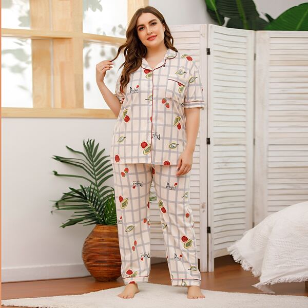 

Plus Fruit Print Plaid Pajama Set, Multicolor