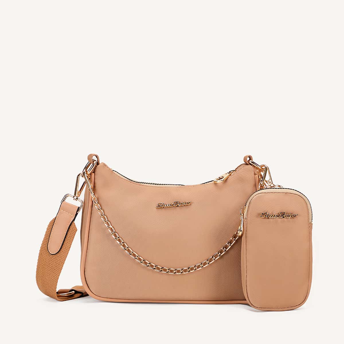 

Chain Handle Satchel Bag With Purse, Khaki