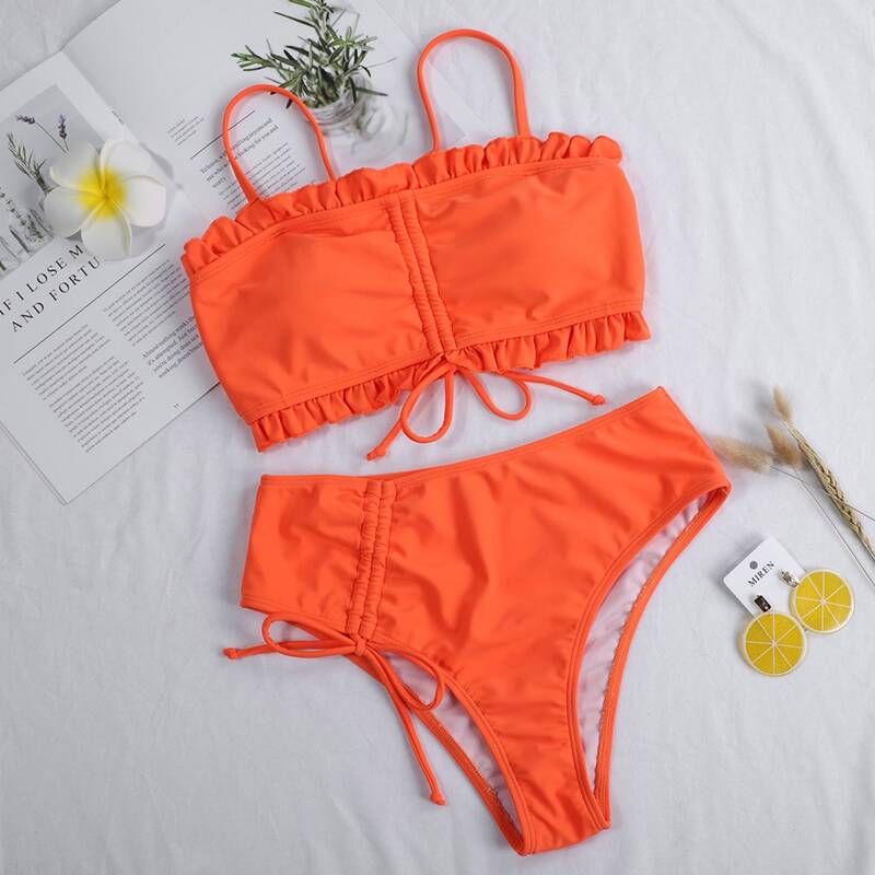 

Drawstring Frill High Waisted Bikini Swimsuit, Orange bright