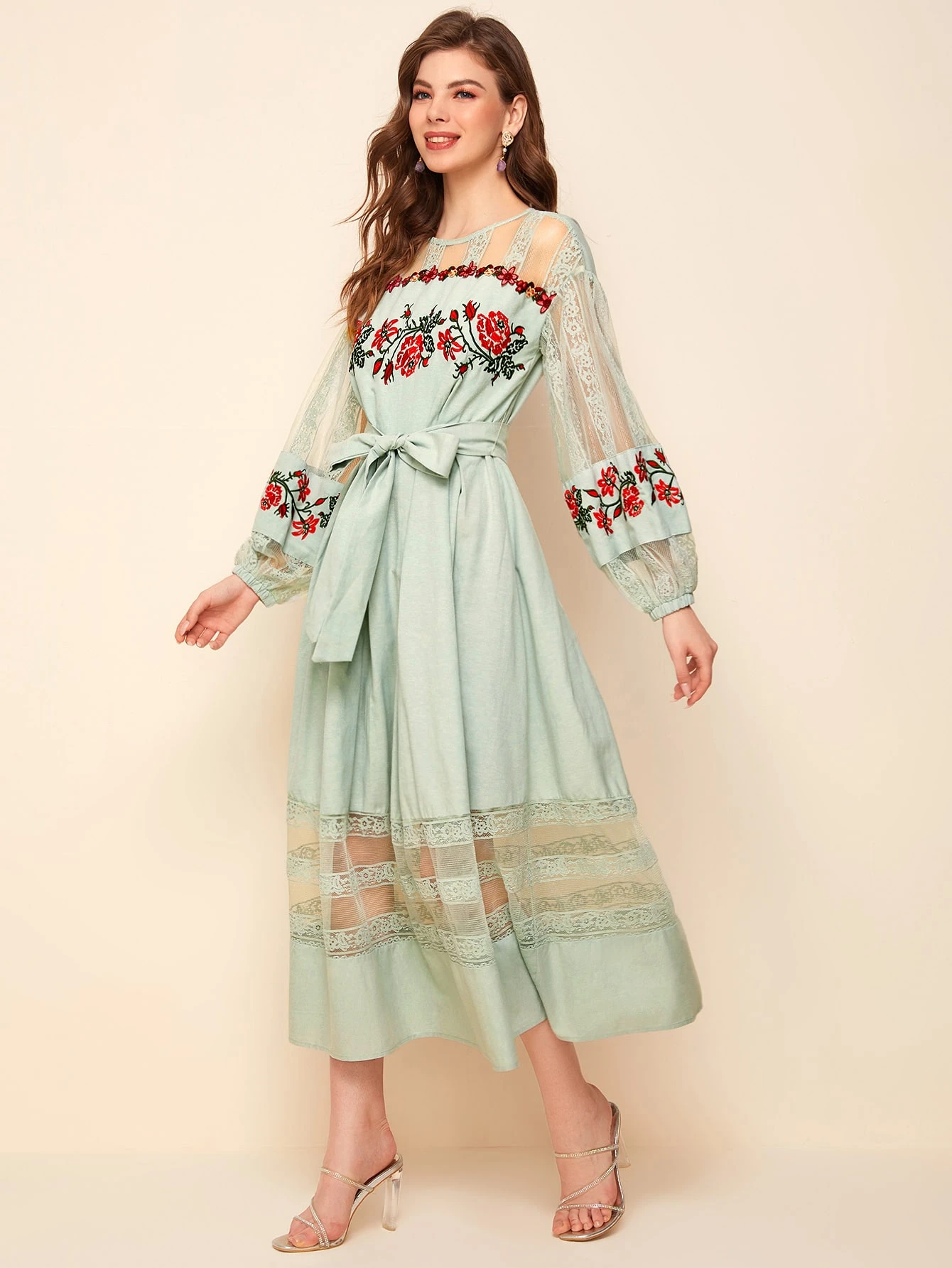 Lace insert lantern sleeve embroidered dress Clearance