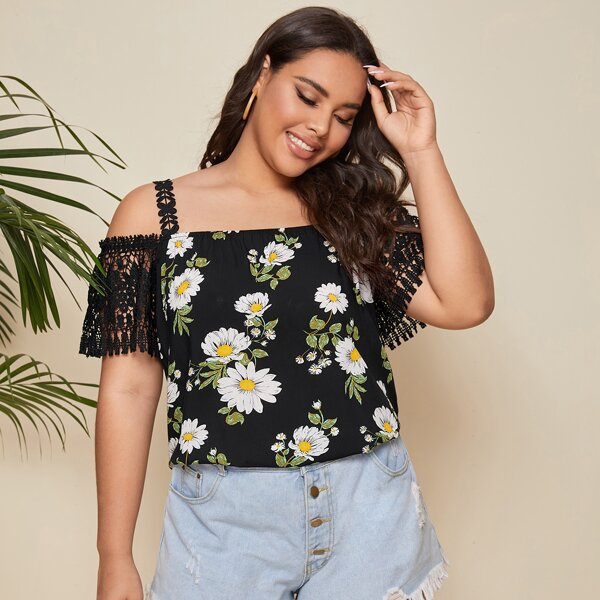 

Plus Floral Print Lace Panel Cold Shoulder Blouse, Black