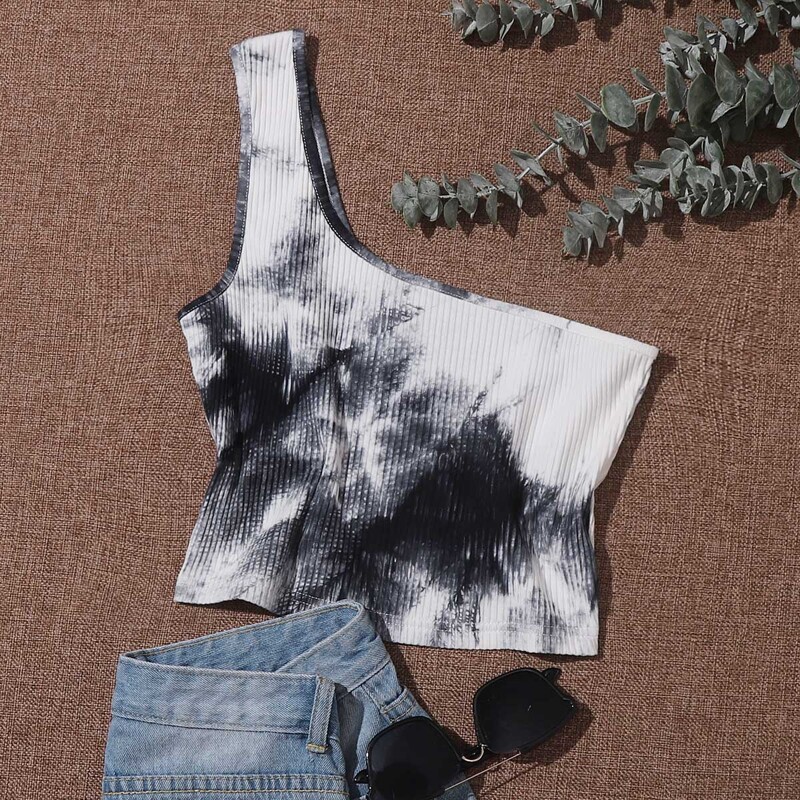 

One Shoulder Tie Dye Rib-knit Top, Multicolor