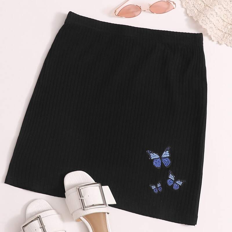 

Butterfly Patched Rib-knit Skirt, Black