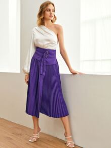 SHEIN BAE One Shoulder Blouson Sleeve Satin Bodysuit - White - View 5