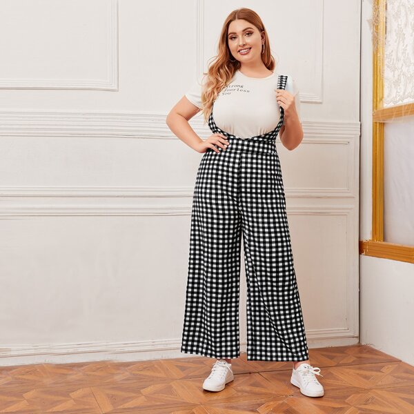 

Plus Gingham Wide Leg Pinafore Jumpsuit, Black and white