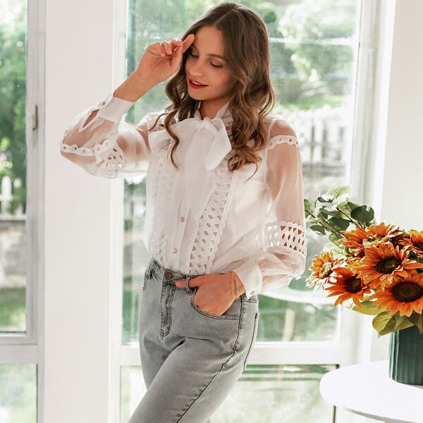 

Tie Neck Guipure Lace Insert Top, White