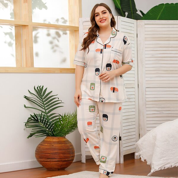 

Plus Sushi Print Plaid Pajama Set, Multicolor