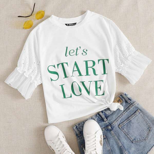 

Eyelet Embroidered Mesh Sleeve Slogan Graphic Tee, White