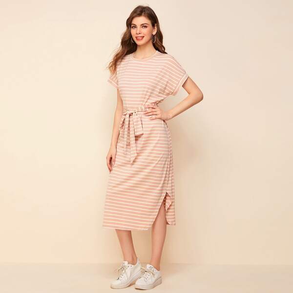 

Belted Curved Hem Striped Tee Dress, Coral pink
