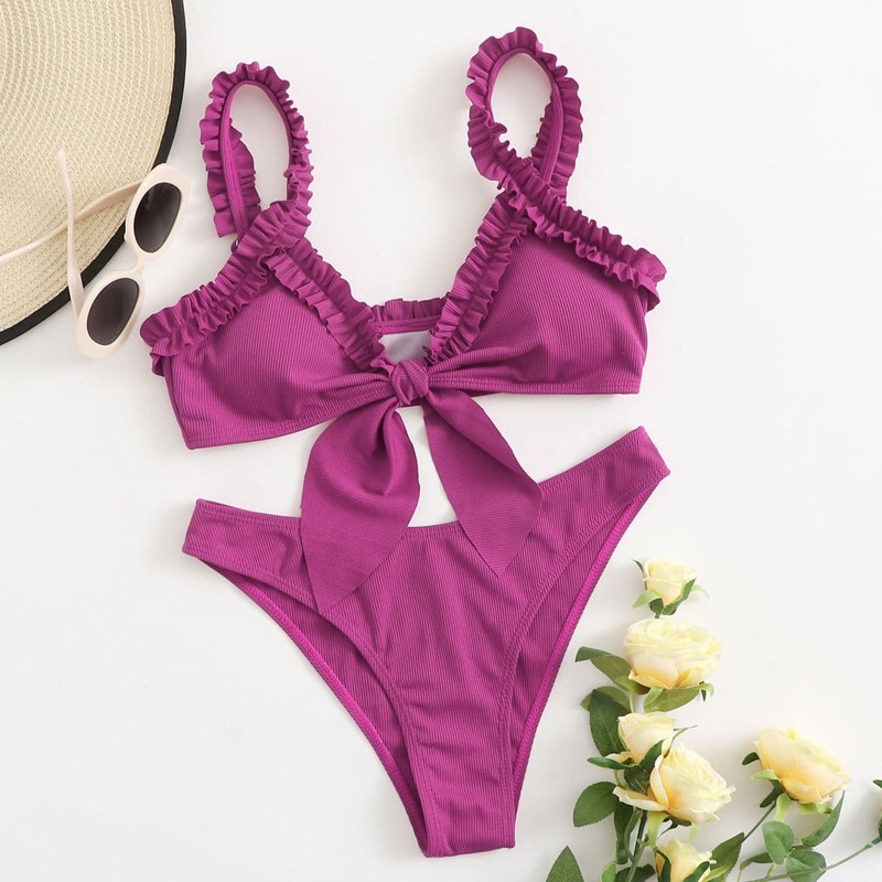 

Rib Frill Trim Bikini Swimsuit, Red