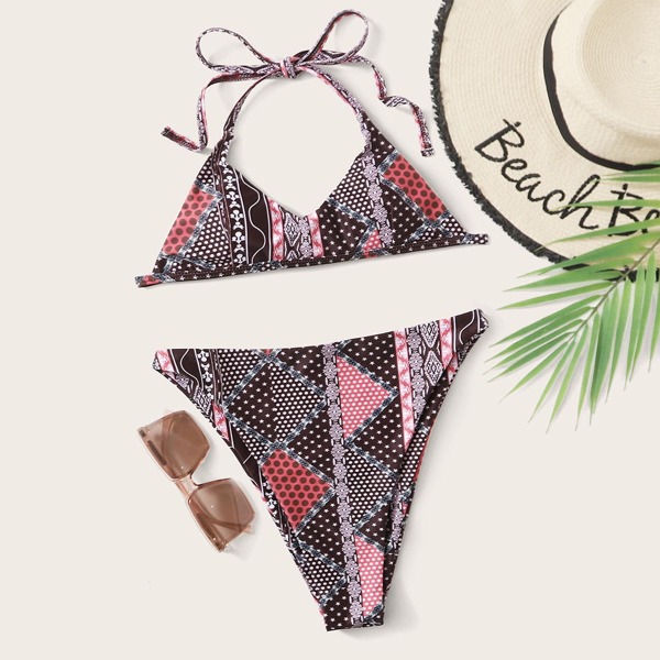

Geo Print High Waisted Bikini Swimsuit, Multicolor