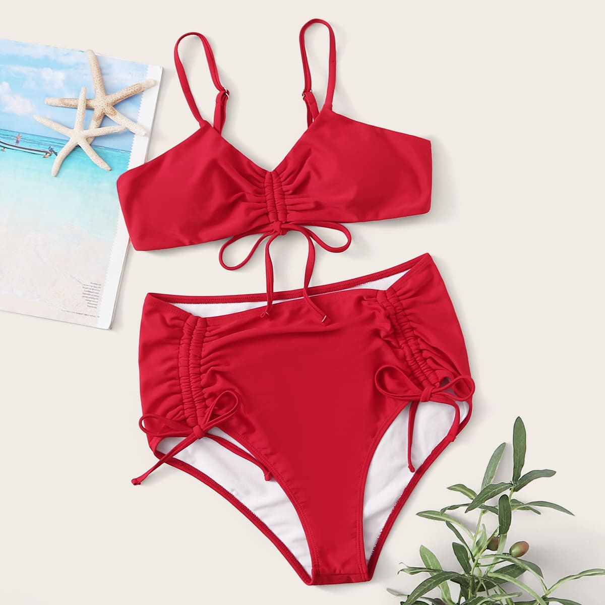 

Drawstring High Waisted Bikini Swimsuit, Red