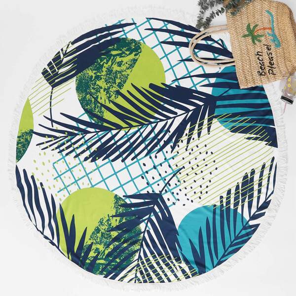 

Plant Print Fringe Hem Beach Blanket, Green